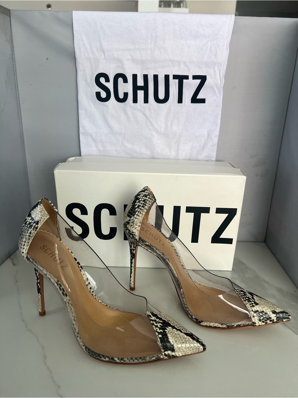 SCHUTZ Black and White Snake-Print Pointed Clear Panel Stiletto Heels